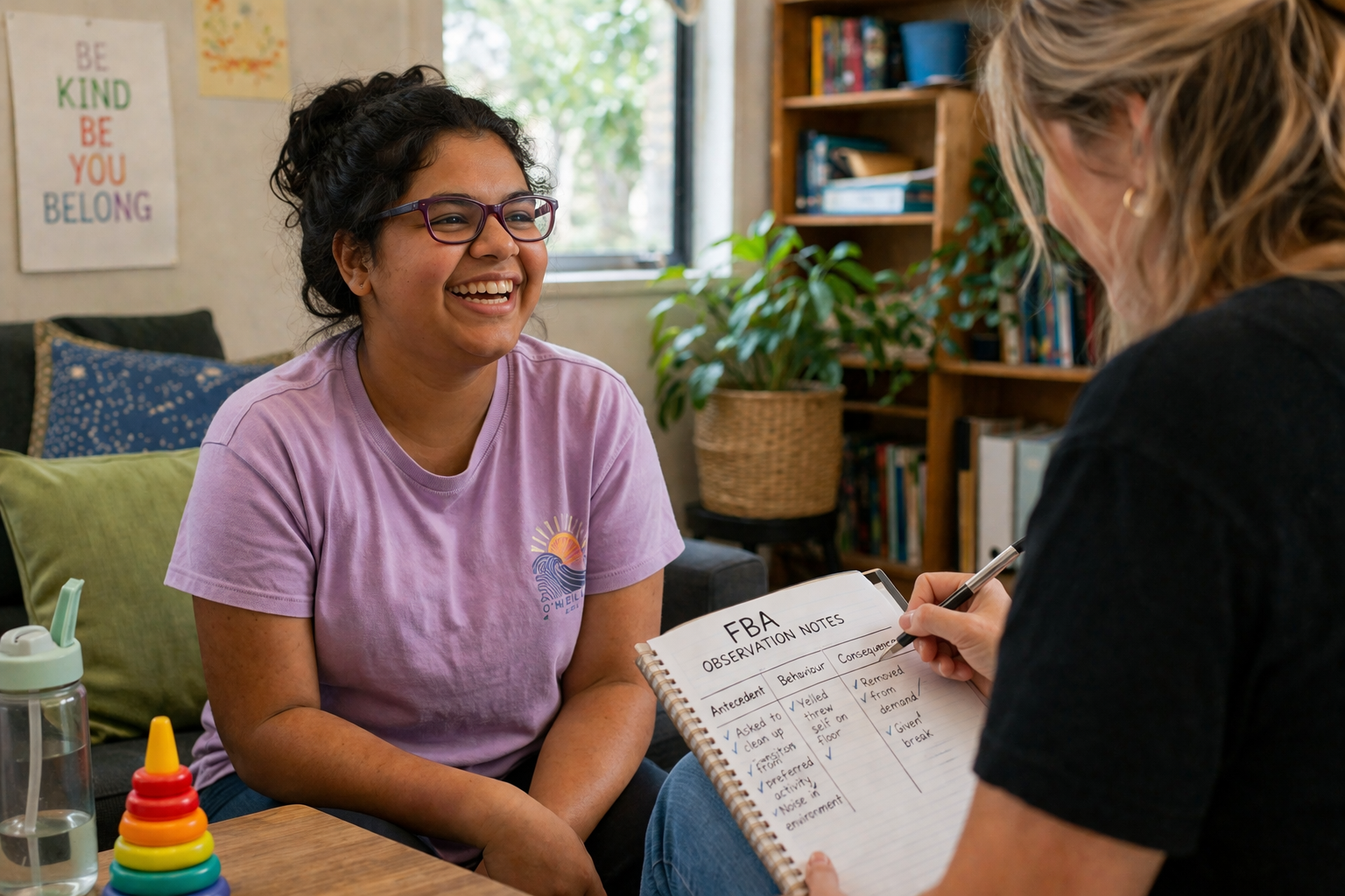 A practitioner sitting on the floor with a participant during assessment