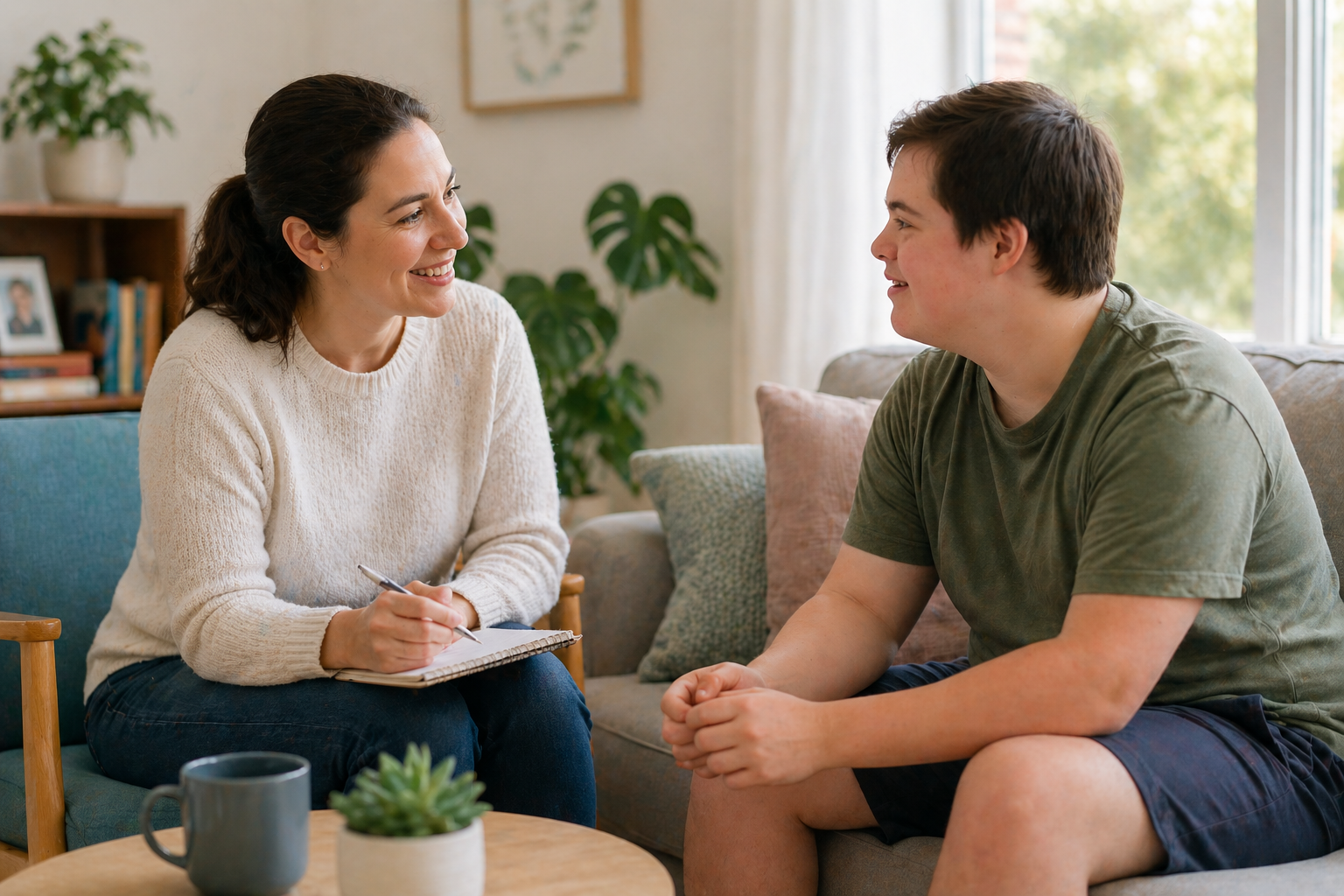 A practitioner connecting with a participant on a sofa